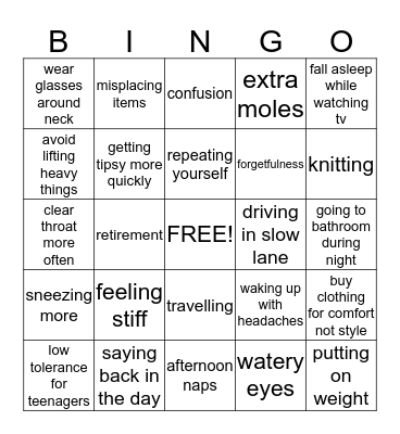 OVER THE HILL  Bingo Card