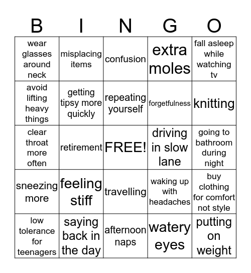 OVER THE HILL  Bingo Card