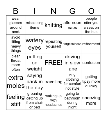 OVER THE HILL  Bingo Card