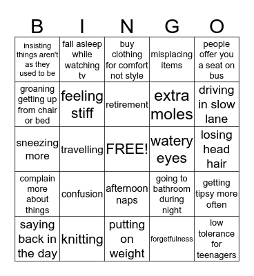 OVER THE HILL  Bingo Card