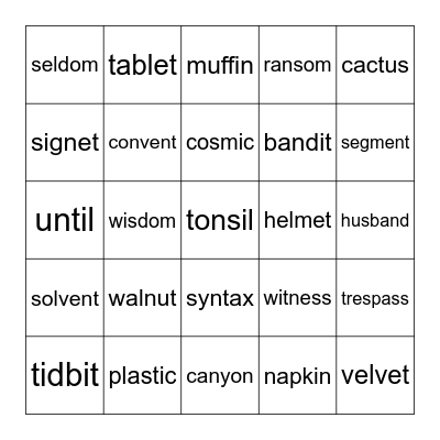VCCV Words Bingo Card