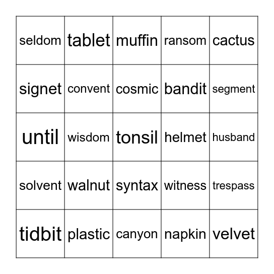 VCCV Words Bingo Card