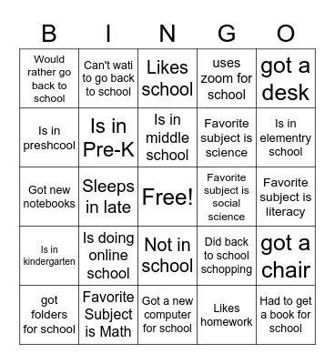 School Bingo Card