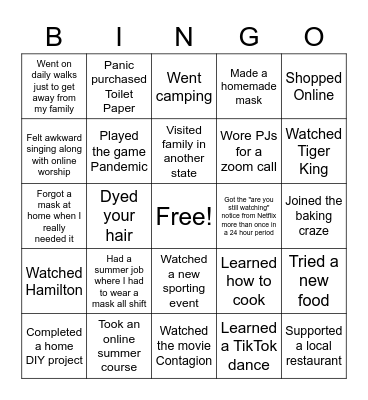 "Summer" 2020 Pandemic Bingo Card