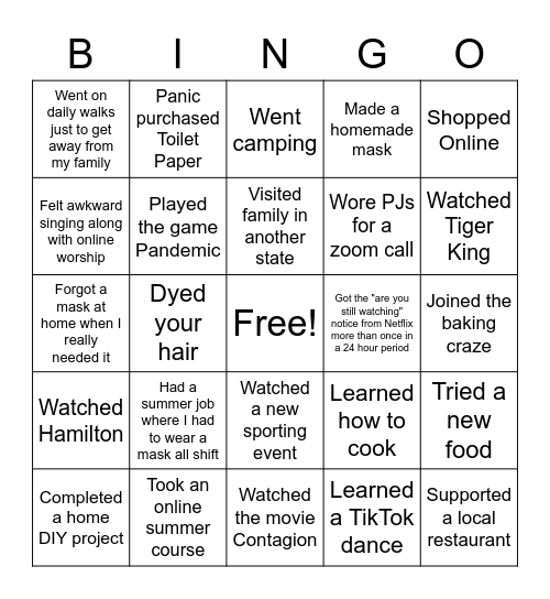 "Summer" 2020 Pandemic Bingo Card