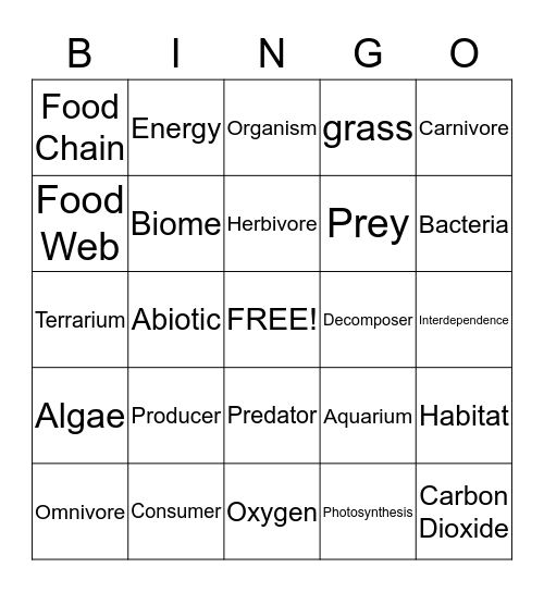 Ecosystems Bingo Card