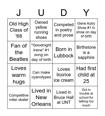 Judy's 70th Birthday! Bingo Card