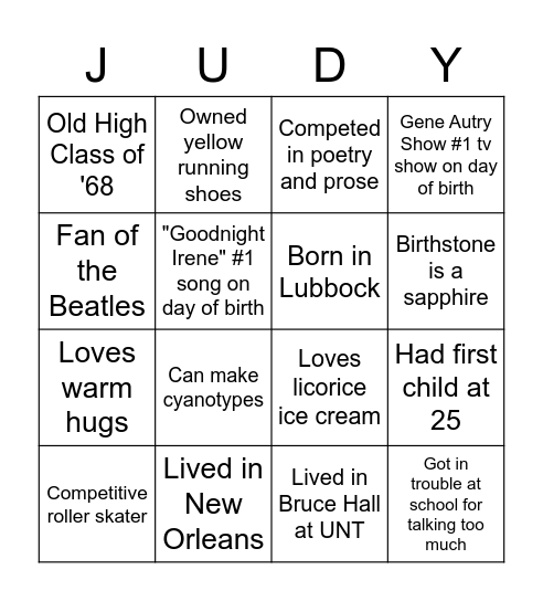 Judy's 70th Birthday! Bingo Card