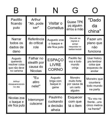 BINGO RPG DOS CORNO Bingo Card
