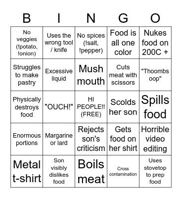 Kay's Cooking Bingo Card