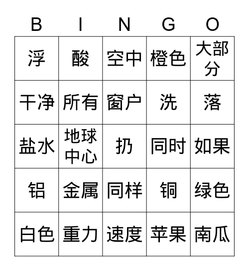 科学BINGO Card