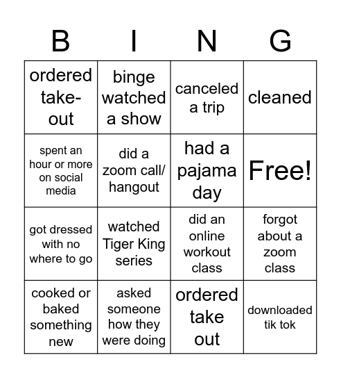 Quarantine BINGO Card