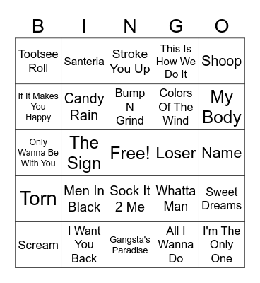 90s Hits Bingo Card