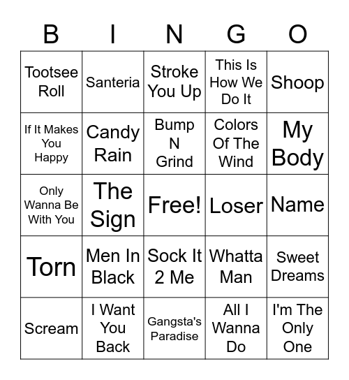 90s Hits Bingo Card
