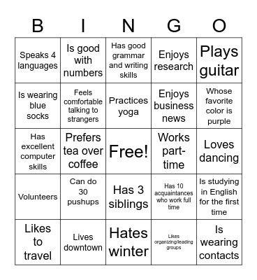 Bingo: find someone who... Bingo Card