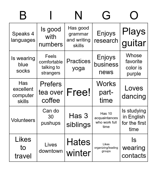 Bingo: find someone who... Bingo Card