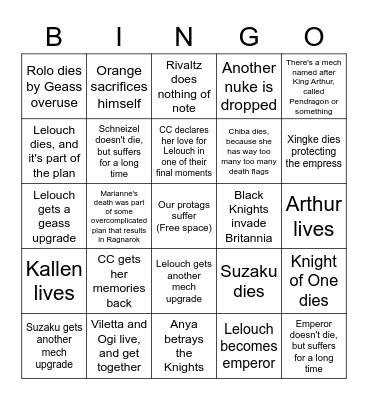 Code Geass Ending Bingo Card