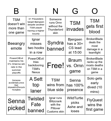 TSM vs. FlyQuest Bingo Card Bingo Card