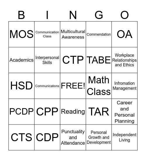 JOB CORPS BINGO! Bingo Card