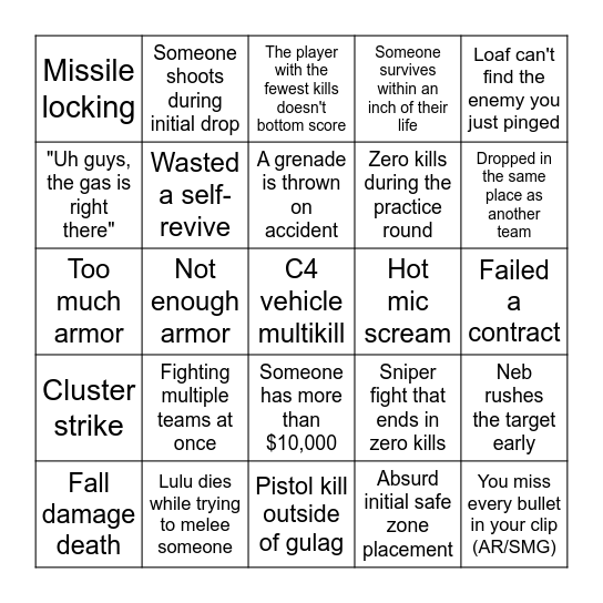 Lulu's Warzone Bingo Card