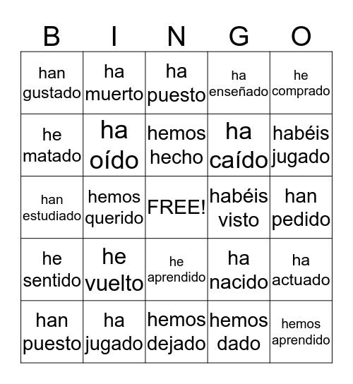 Pretérito perfecto para todos Bingo Card