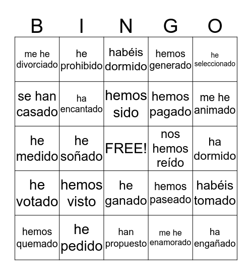 Pretérito perfecto para todos Bingo Card