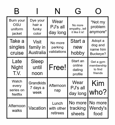 Yvonne's Retirement Bingo Card