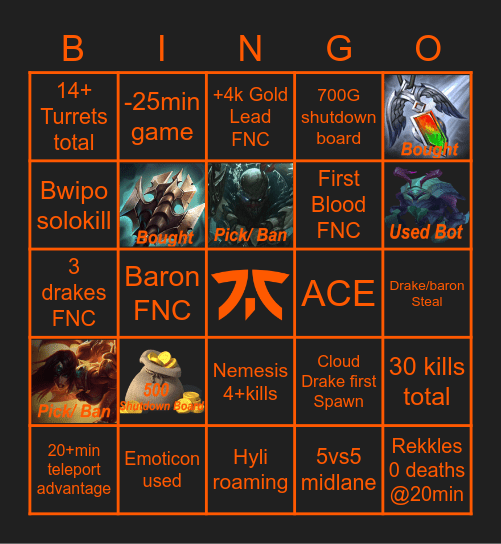 FNC vs G2 Finals Game 1 Bingo Card