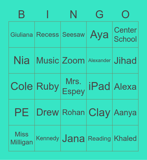 1st  Grade Bingo Card