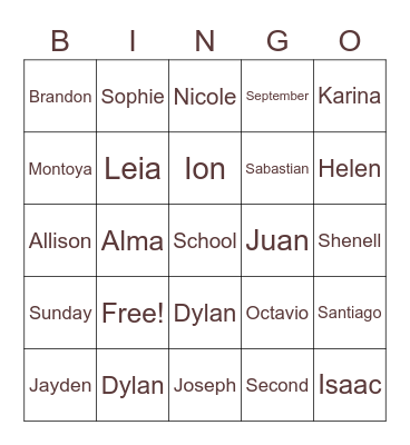 Student names Bingo Card