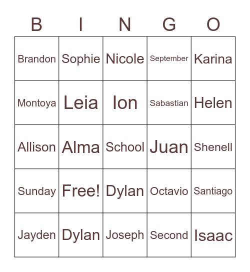 Student names Bingo Card