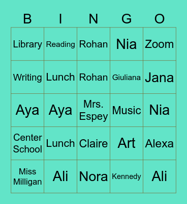 1st  Grade Bingo Card