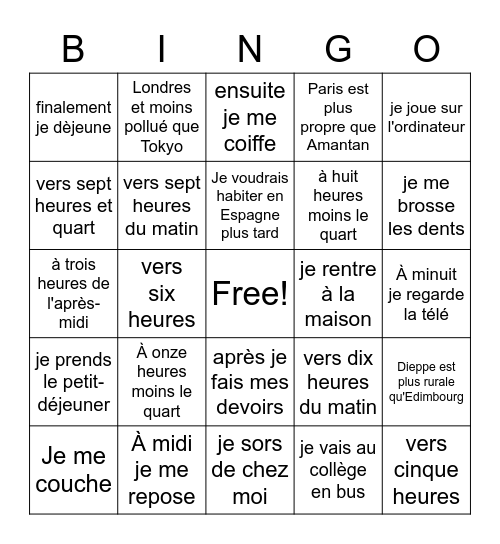 Daily Routine (French) Bingo Card
