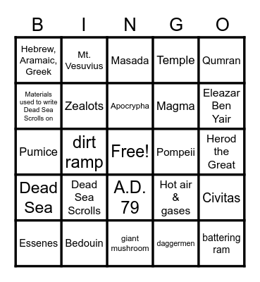 Masada, Dead Sea Scrolls, & Pompeii Bingo Card