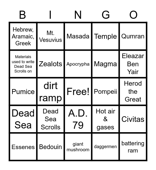 Masada, Dead Sea Scrolls, & Pompeii Bingo Card