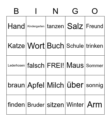 German Cognate Bingo Card