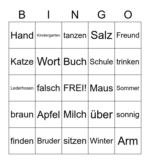 German Cognate Bingo Card