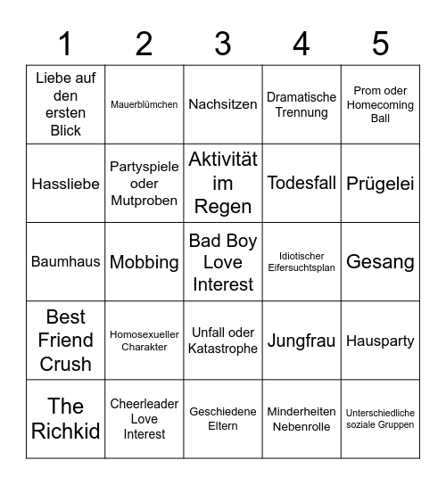 Teenie Movie Bullshit Bingo Card
