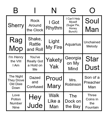 1950 & 60's Music Bingo Card