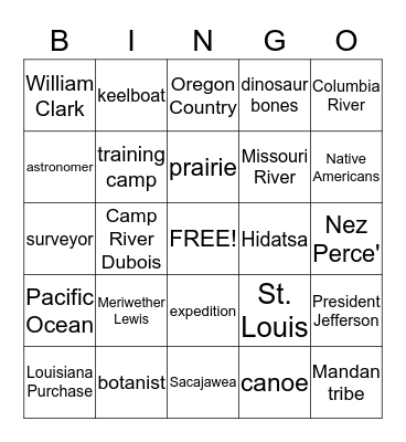 Lewis and Clark Bingo Card