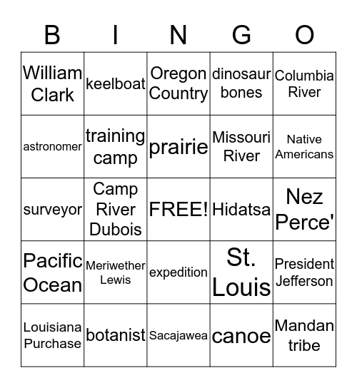 Lewis and Clark Bingo Card