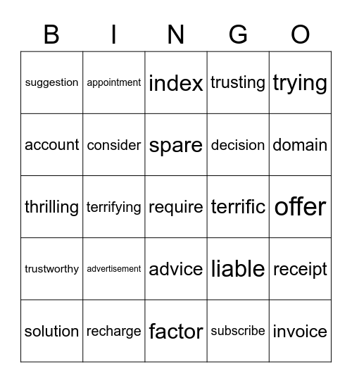 Cross out the words you hear. Bingo Card
