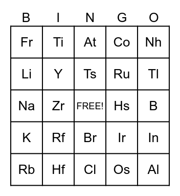 Periodic Table of the Elements Bingo Card