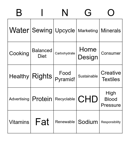 Home Economics BIngo!! Bingo Card