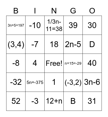 8th Grade Pre-Algebra Bingo Card