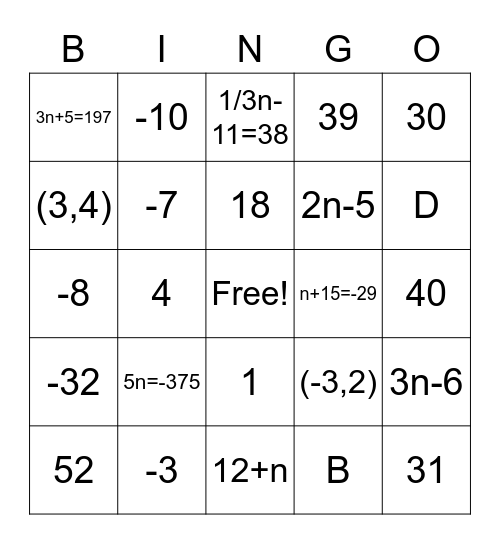 8th Grade Pre-Algebra Bingo Card