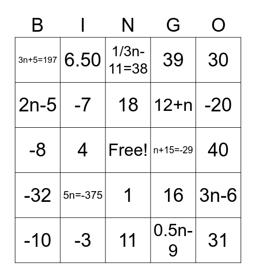 7th Grade Pre-Algebra Bingo Card