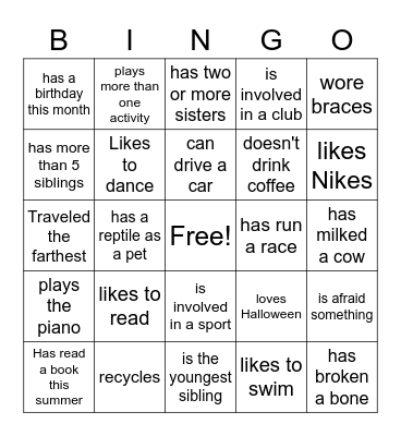 Getting to Know You Bingo Card