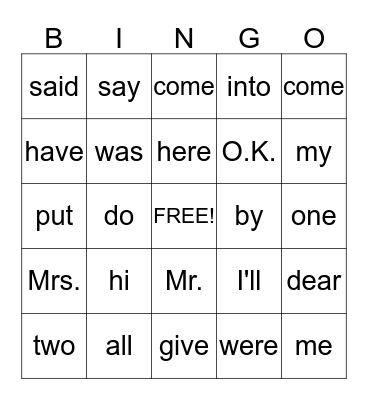 Sight Words Bingo Card