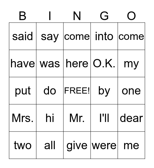 Sight Words Bingo Card